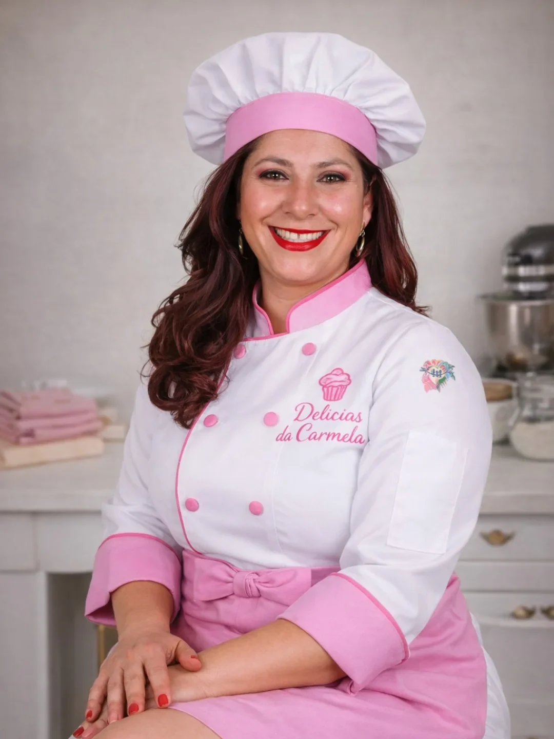 Retrato da confeiteira Delícias da Carmela usando uniforme branco e rosa